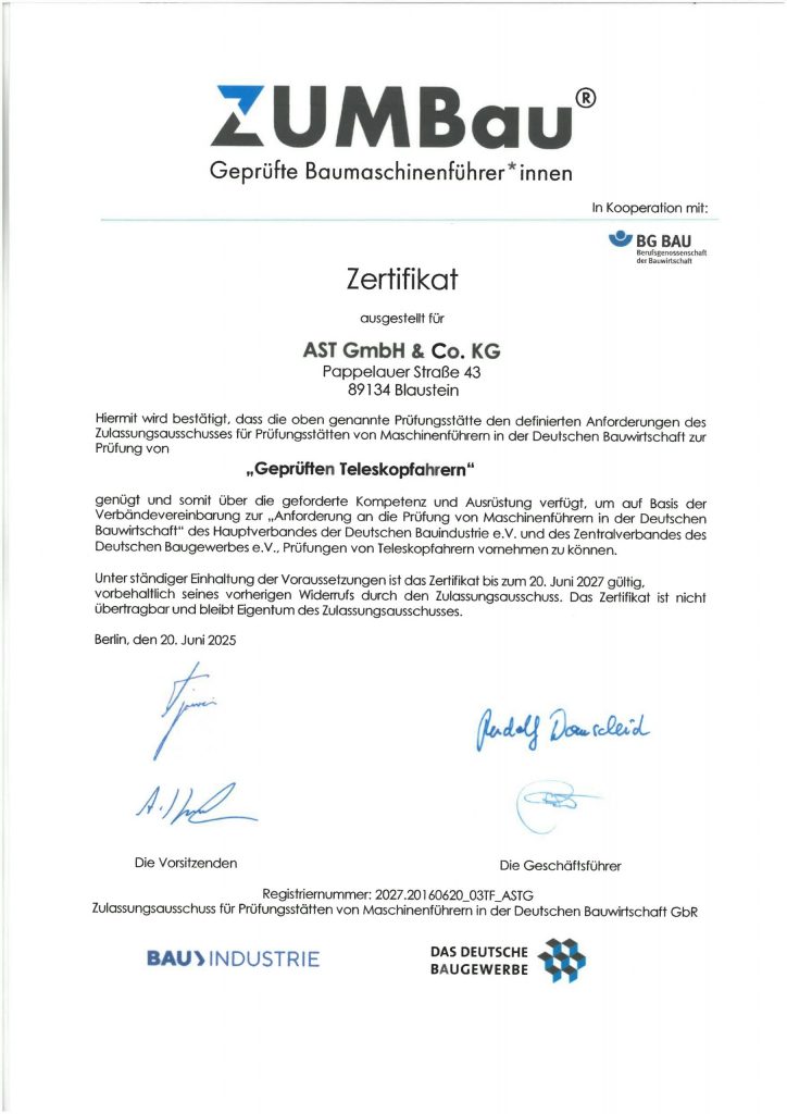 ZUM Bau Zertifikat Telestapler.